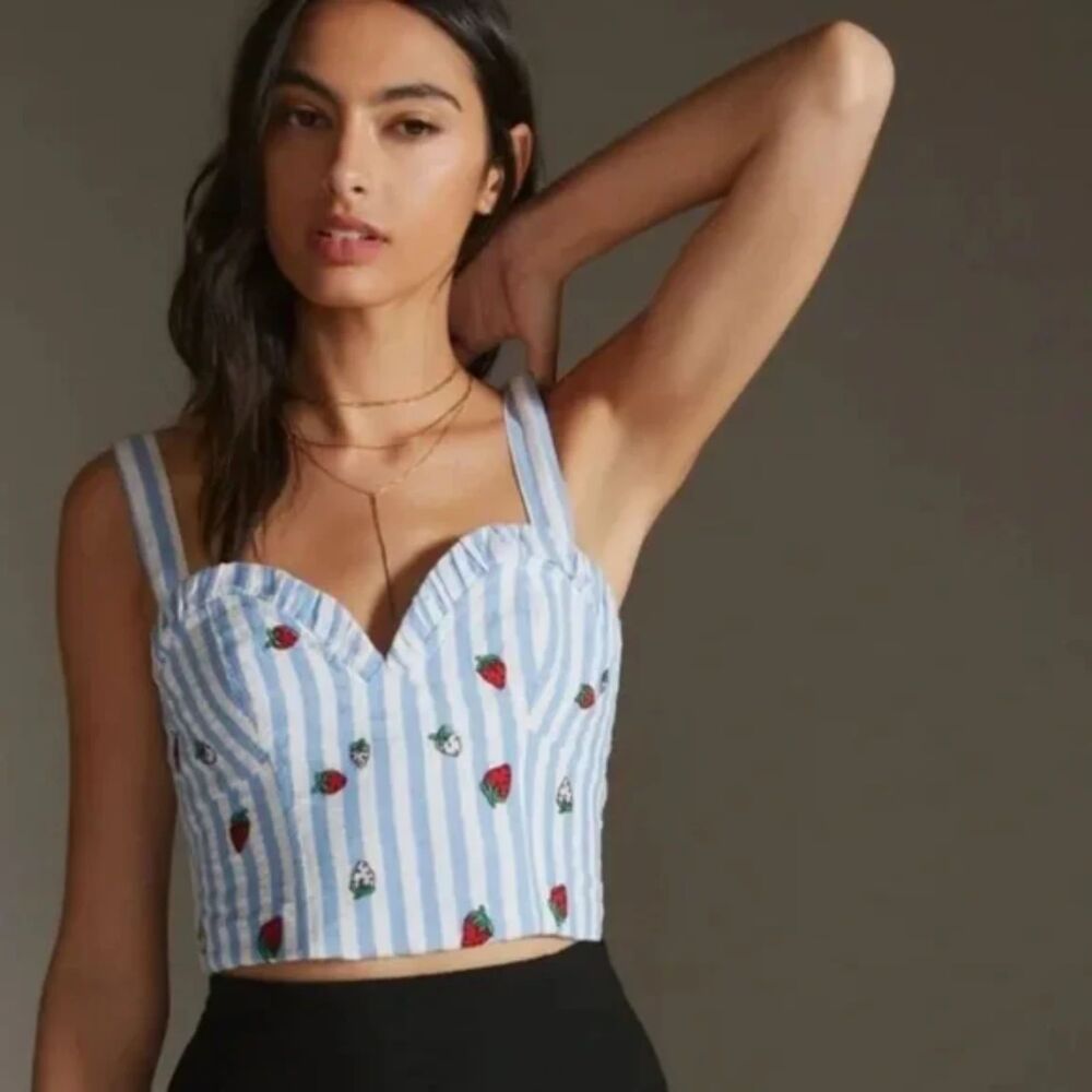 Anthropologie Maeve Striped Strawberry Embroidered Cami Tank Size 4